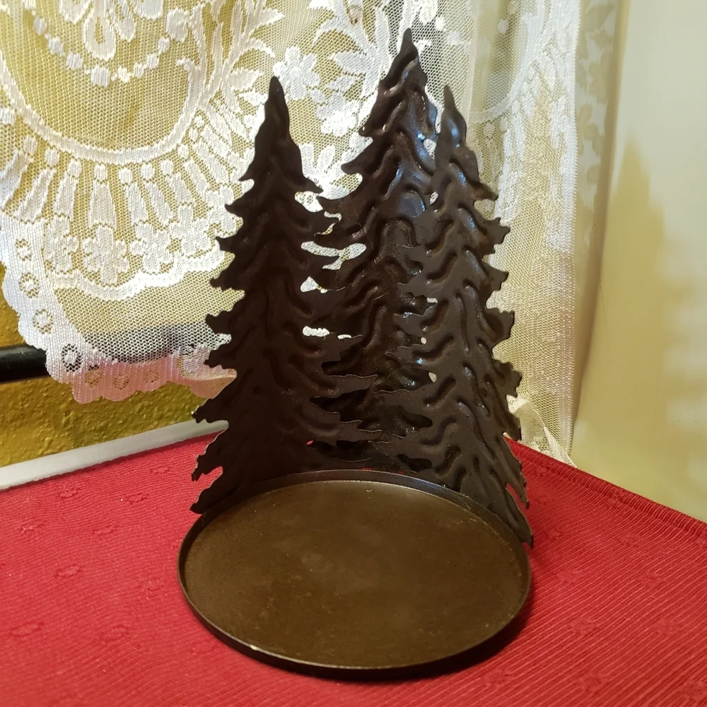 Vtg 3 Pine Tree Large Metal Candle Holder